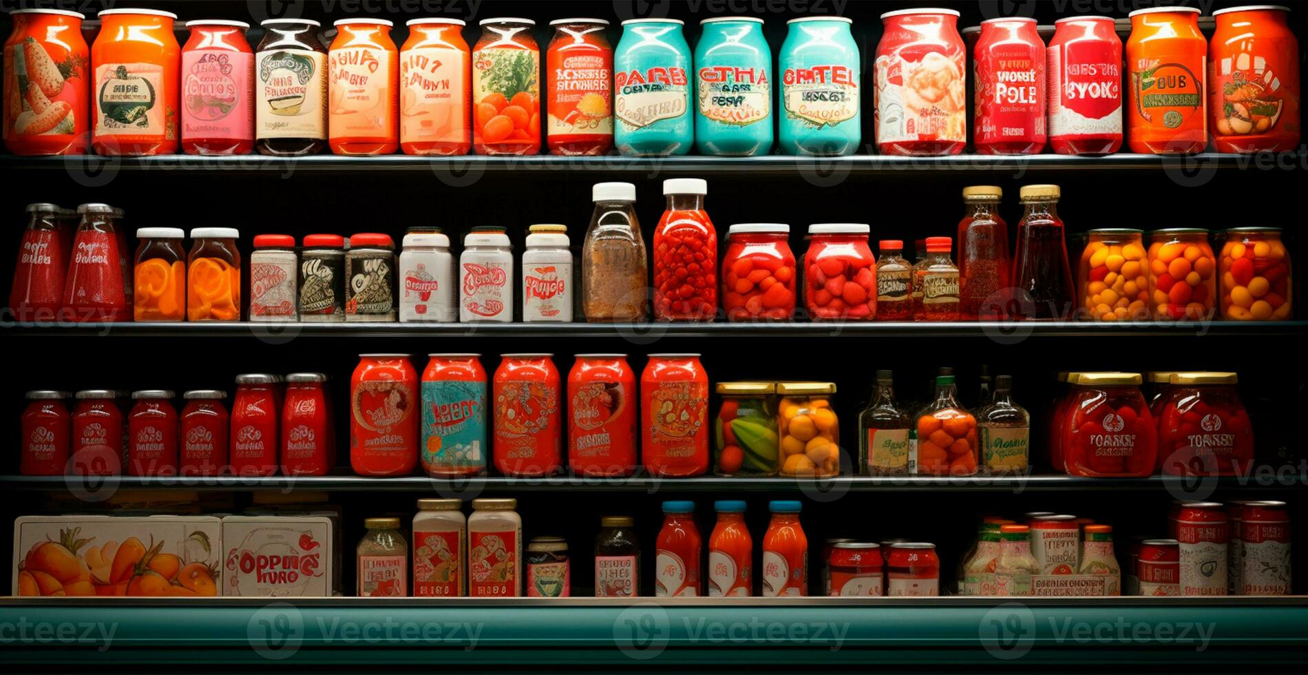 Grocery store, fruit counter, drinks, juices, jams on display in a supermarket - AI generated image photo