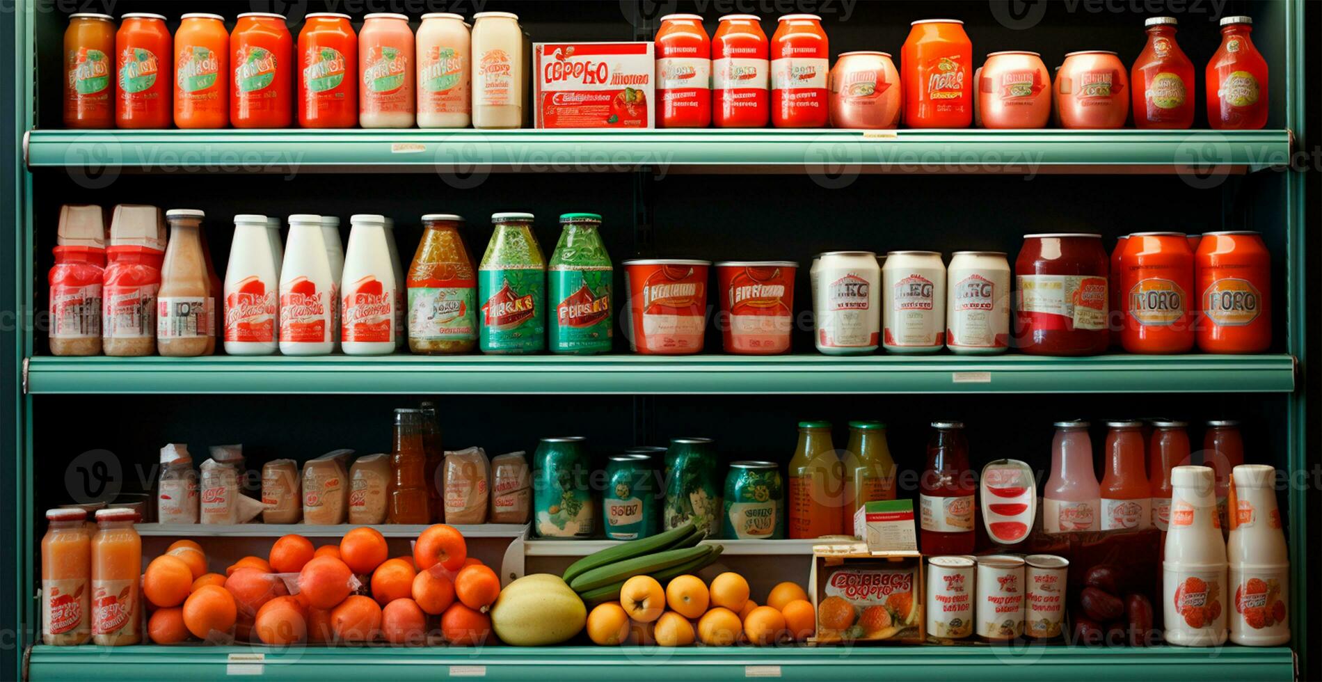 tienda de comestibles almacenar, Fruta encimera, bebidas, jugos, Enjambres en monitor en un supermercado - ai generado imagen foto