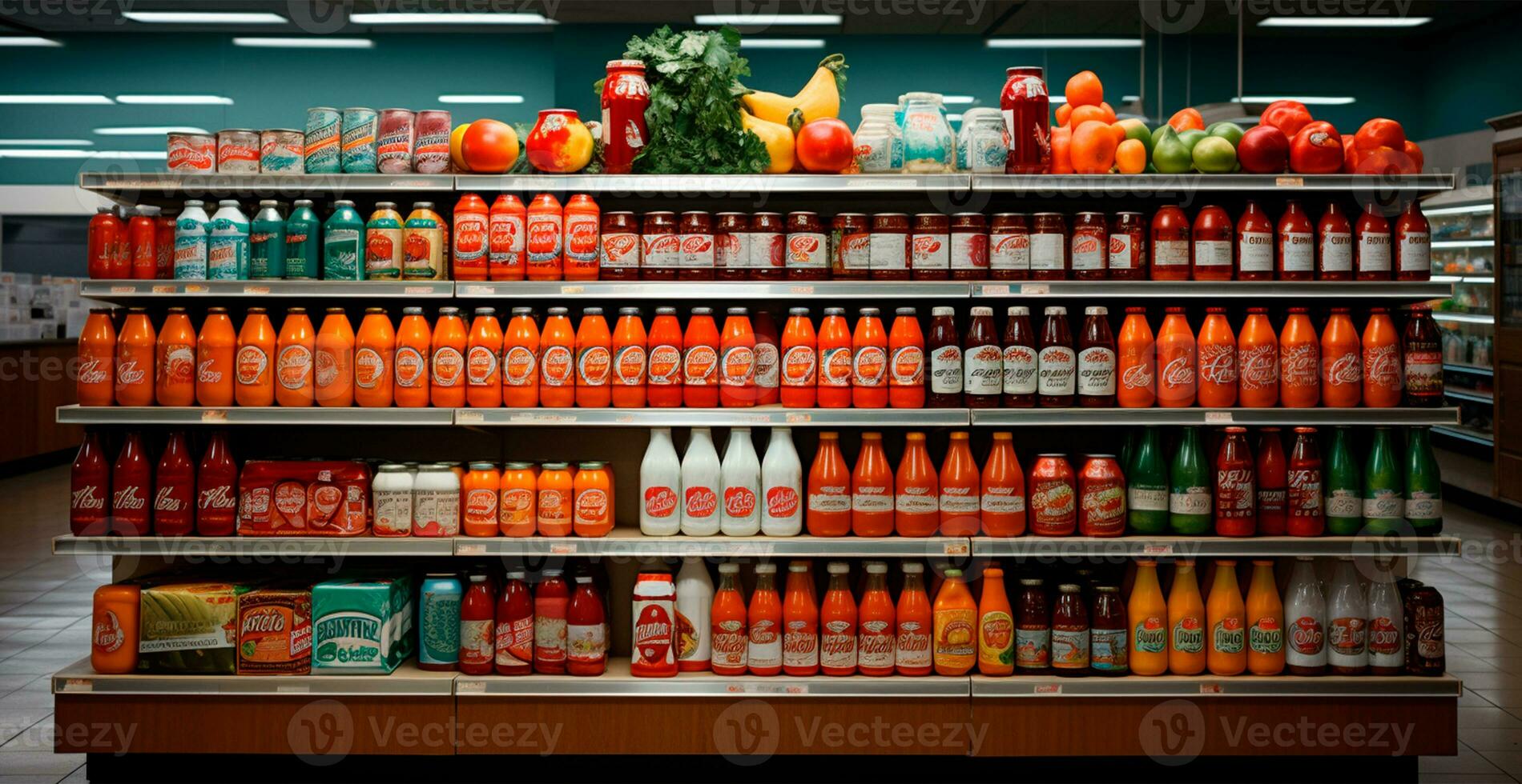 tienda de comestibles almacenar, Fruta encimera, bebidas, jugos, Enjambres en monitor en un supermercado - ai generado imagen foto