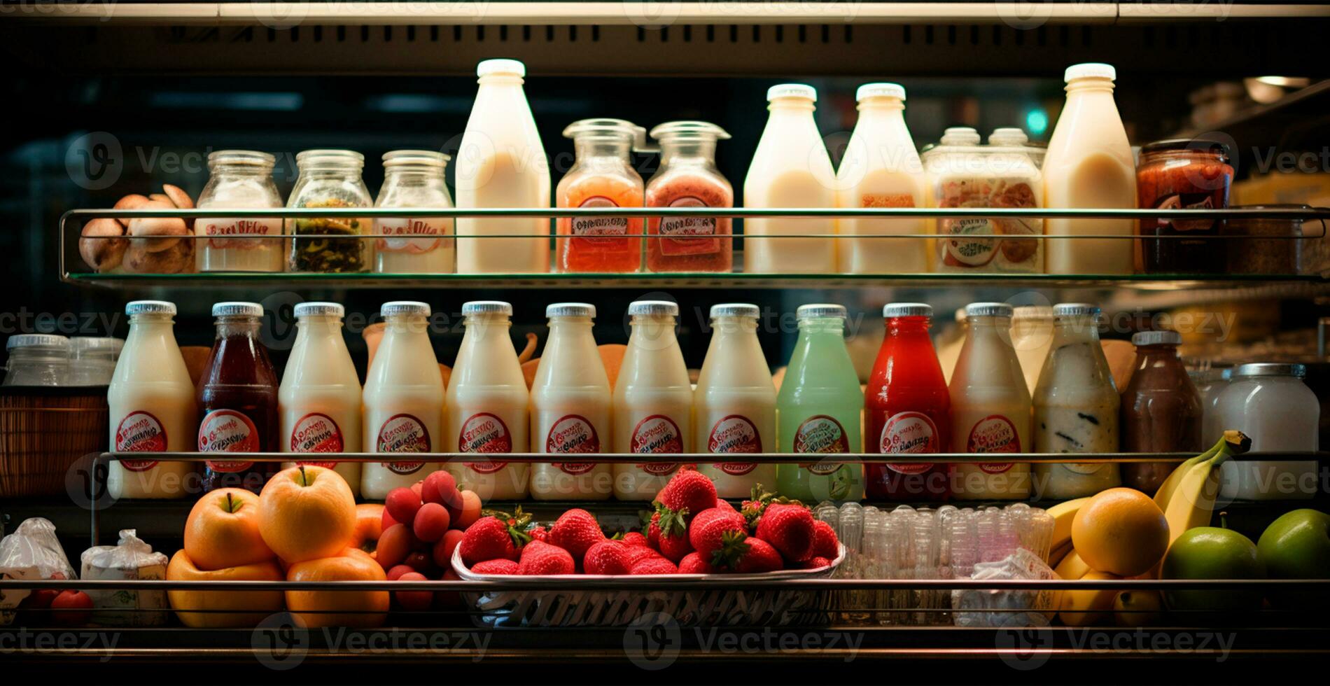 Milk, kefir, dairy products in a store, refrigerated display case in a supermarket - AI generated image photo