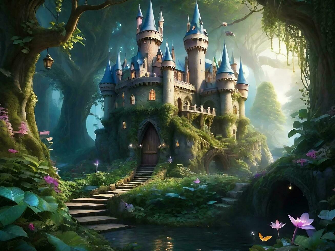 A magnificent fairy castle hidden deep within an enchanted forest photo
