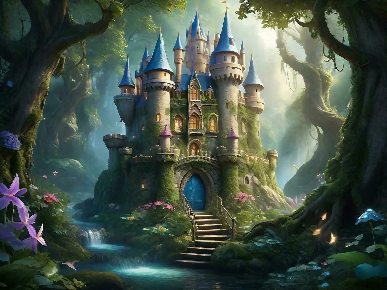 A magnificent fairy castle hidden deep within an enchanted forest photo