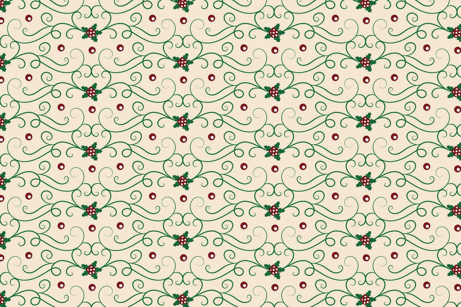 Christmas flourishes swirls holly leaves Seamless Pattern, winter vibes berry leaf modern Christmas pattern, holiday green ornate Christmas pattern, wrapping paper holiday holly printing fabric vector