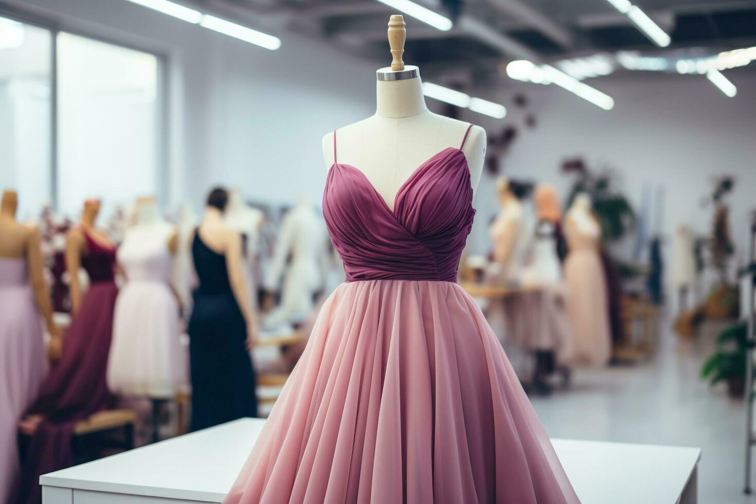 A beautiful lilac evening dress on a mannequin in a fashion salon, atelier. Generated by artificial intelligence photo