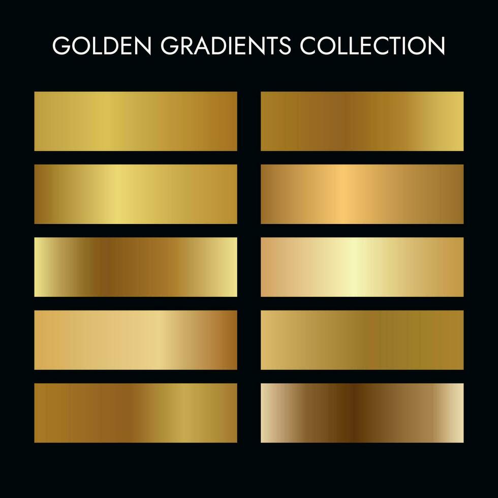 Set of golden gradients. Gold foil texture background set. Vector golden, copper, brass and metal gradient template. Gold gradient vector palette for background template