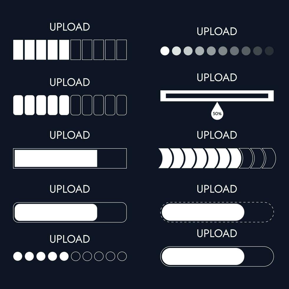 Set upload on monitor technology concept design. HUD upload process and status bars, white on black backgrounds, vector interface icons. HUD upload bars on digital screen, dashboard panel UI