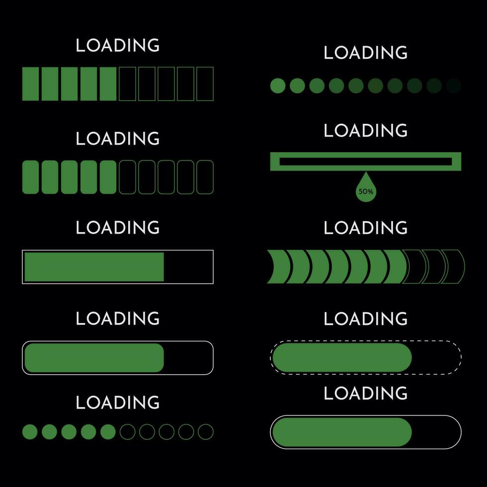 conjunto cargando en monitor tecnología concepto diseño. hud cargando proceso y estado barras, vector interfaz iconos verde elementos, negro antecedentes. hud cargando barras en digital pantalla, tablero panel ui