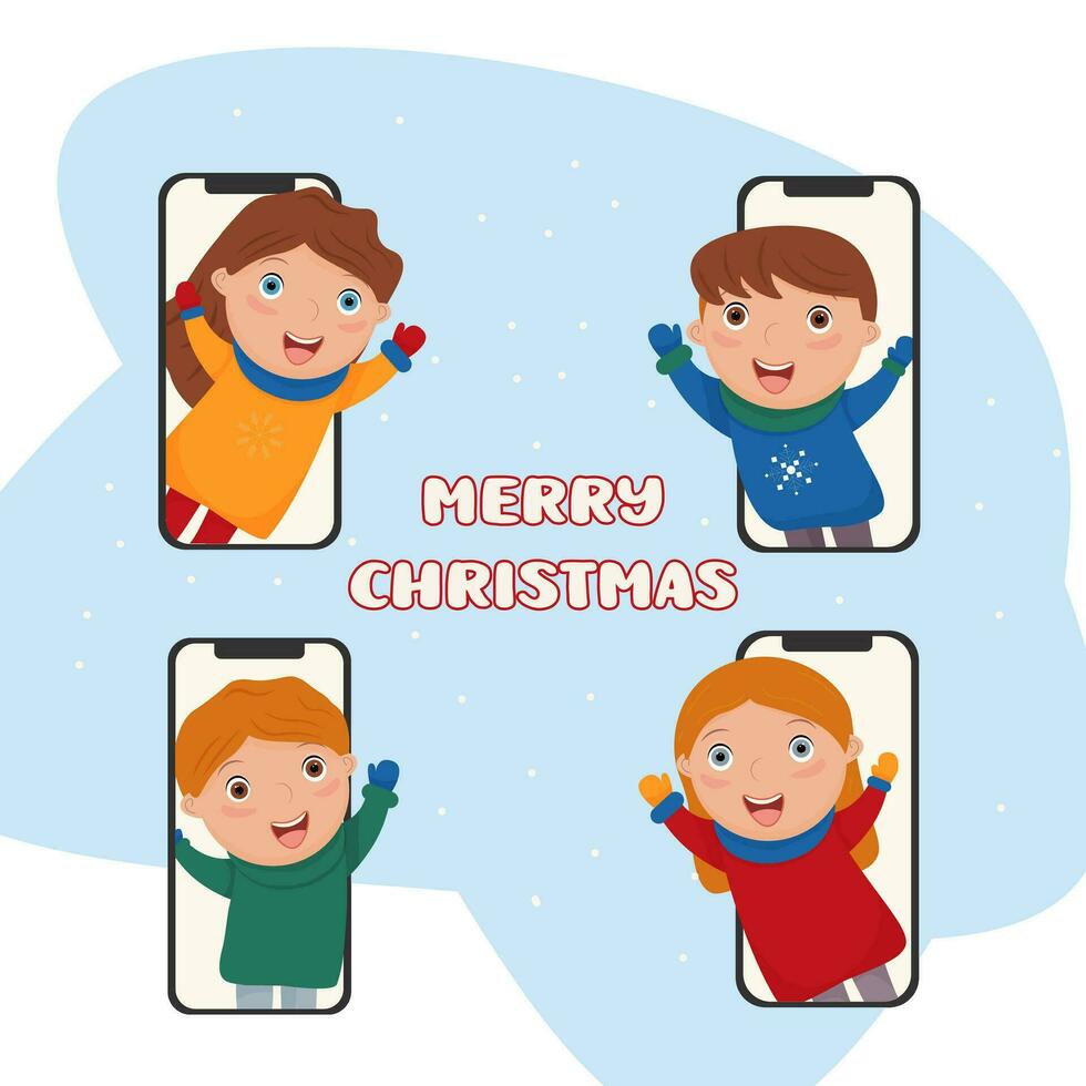un chico felicita su amigos en Navidad. vídeo llamar. hablar en el teléfono. vector ilustración . Navidad Días festivos