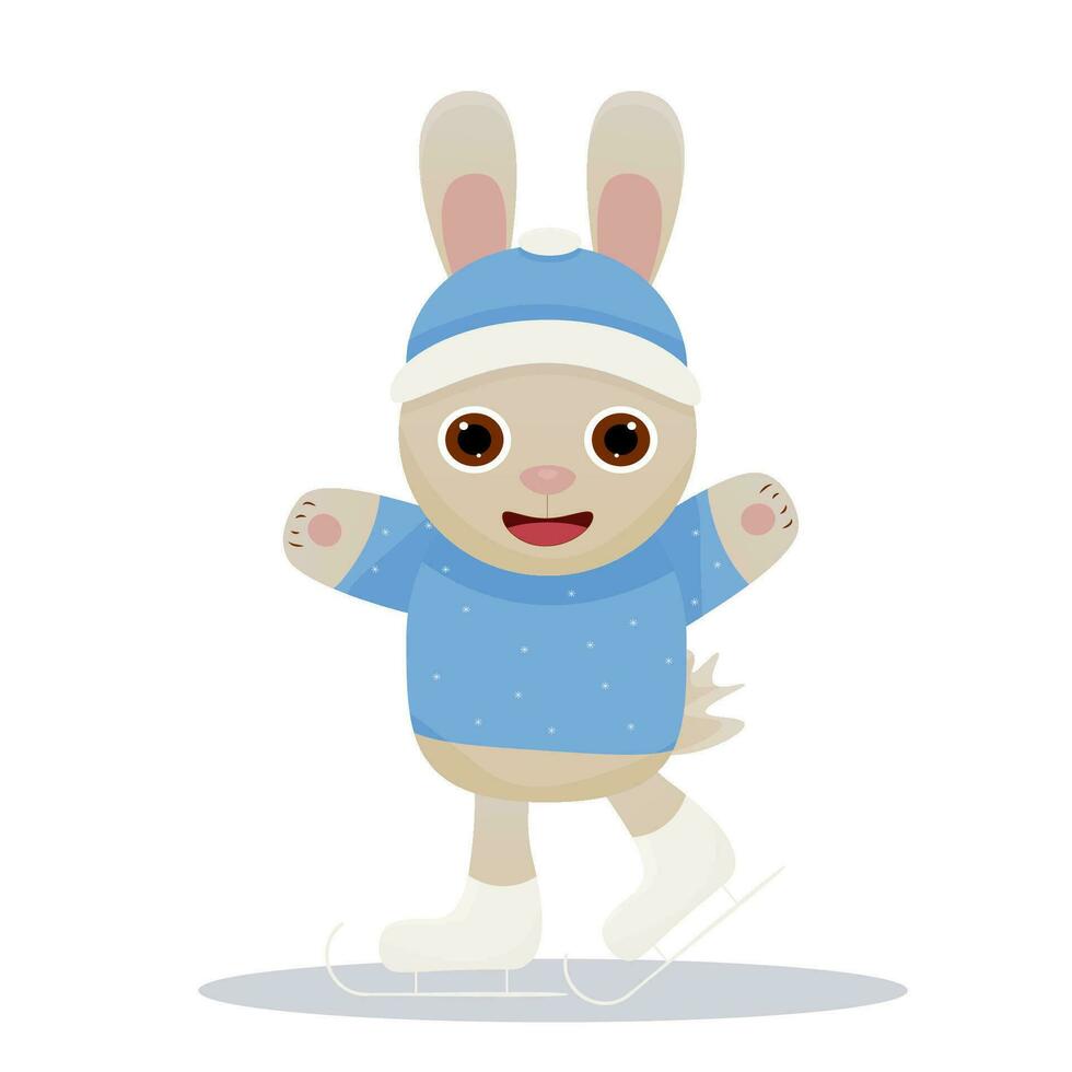 Vector cute rabbit skating on white background. Winter rabbit on skates. Winter sport.