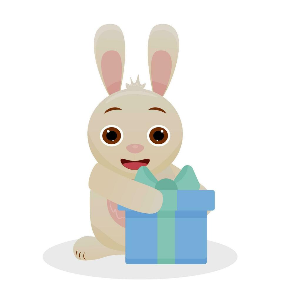 Vector cute hare holding a gift. Cute rabbit is holding a gift. Birthday, surprise, anniversary, holiday, New Year.