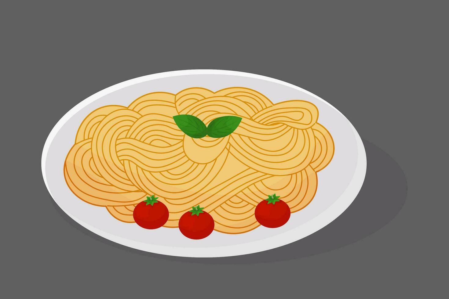 Spaghetti with tomato and basil on a plate. Vector illustration. Spaghetti day.