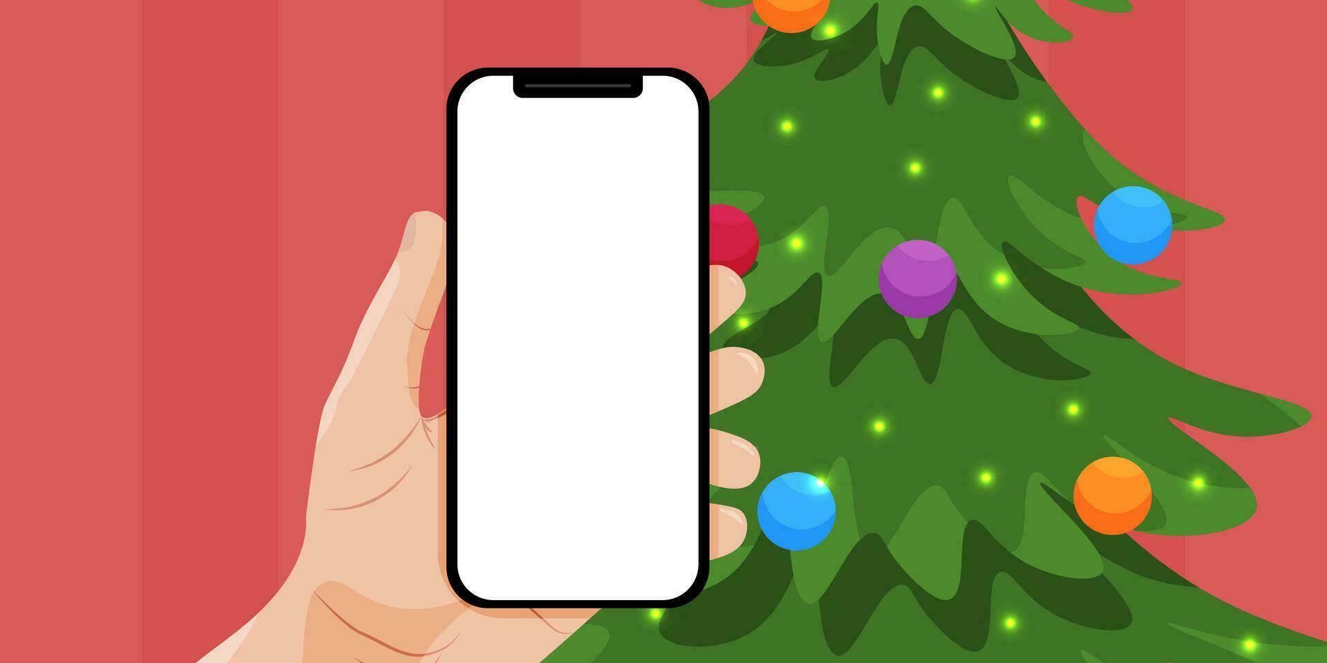 celebrando Navidad y nuevo año en línea utilizando un móvil teléfono. el mano sostiene un móvil teléfono con un vacío pantalla, siguiente a un Navidad árbol. en línea vídeo llamar, charlar. vector ilustración.