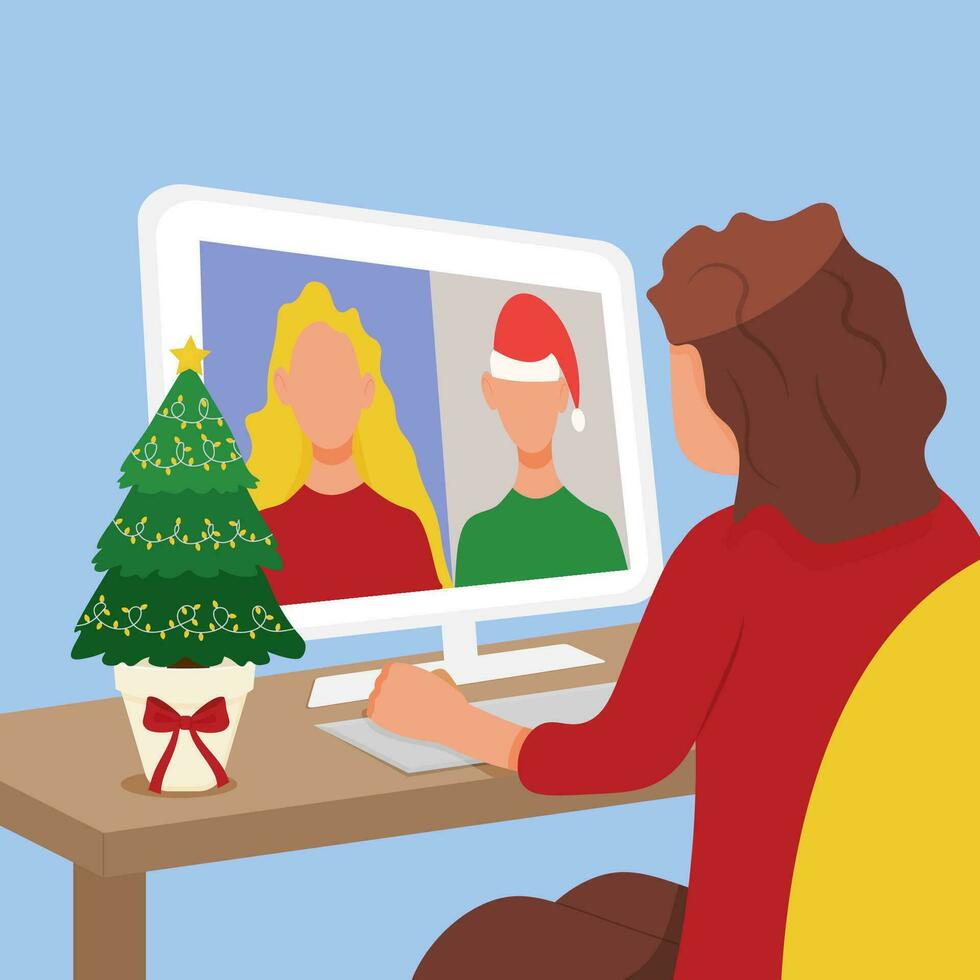 Merry Christmas and Happy New Year. Video call with friends, colleagues. Vector illustration. Congratulations on the New year. Online Conference