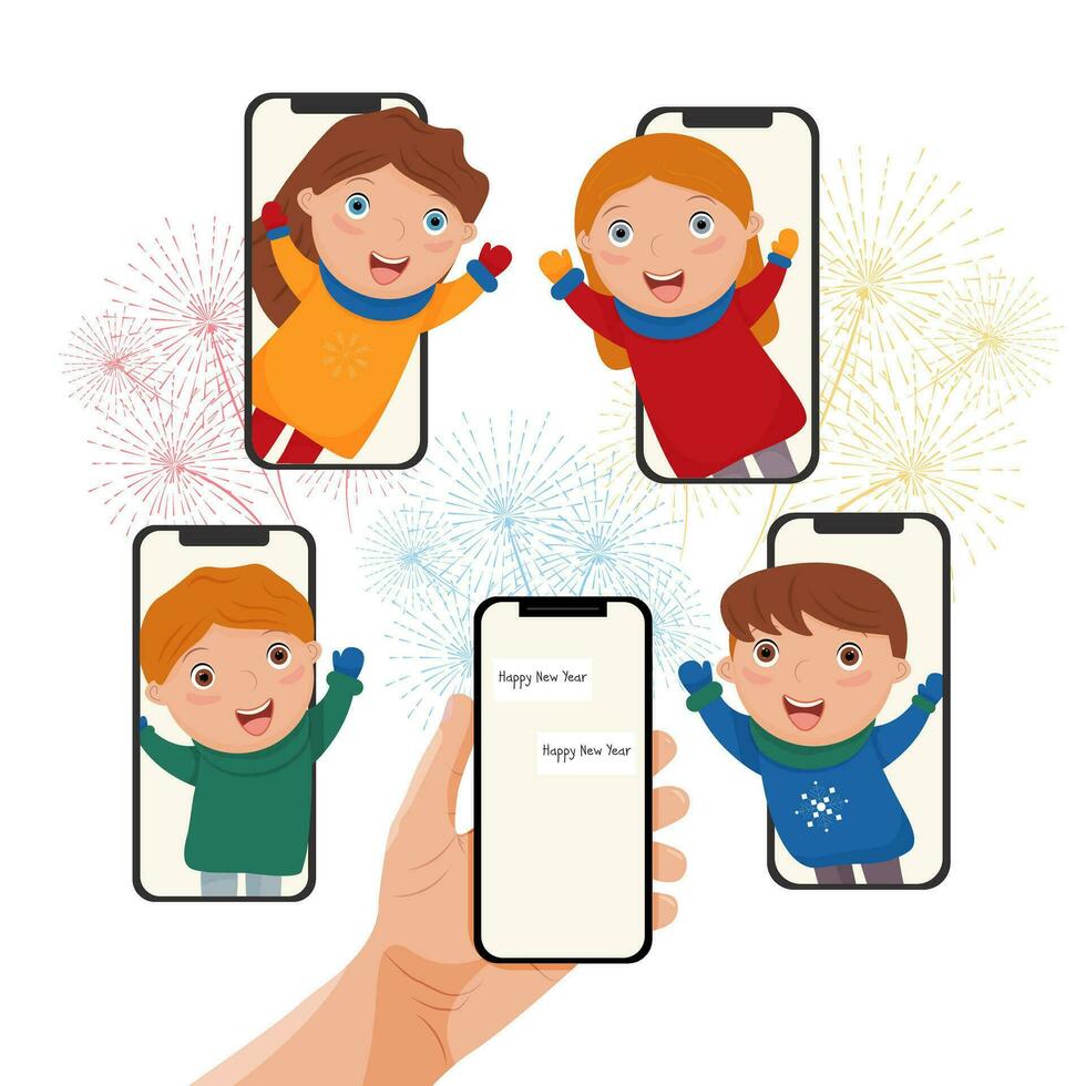 Friends wish each other a Merry Christmas and a Happy New Year. Video call. Talk on the phone. Vector illustration . Christmas holidays. Use the phone