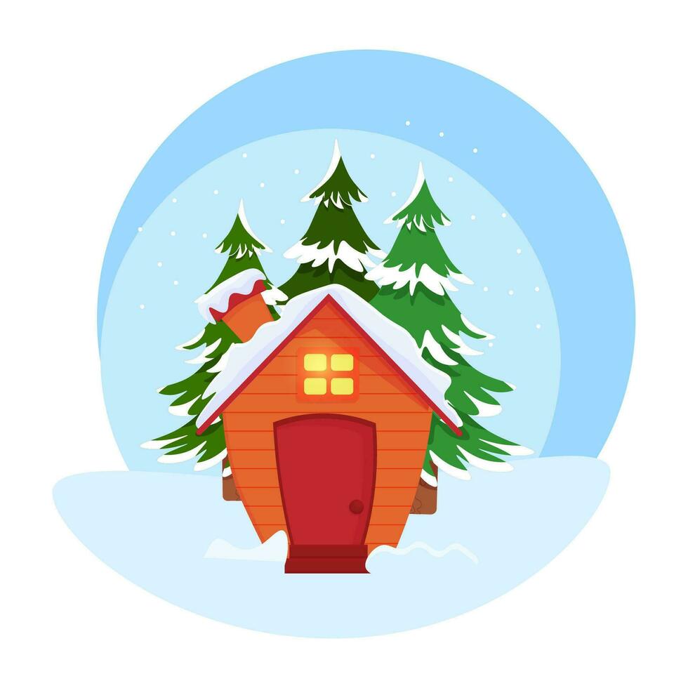 Winter landscape with a house. Cozy house in the forest. Vector illustration.