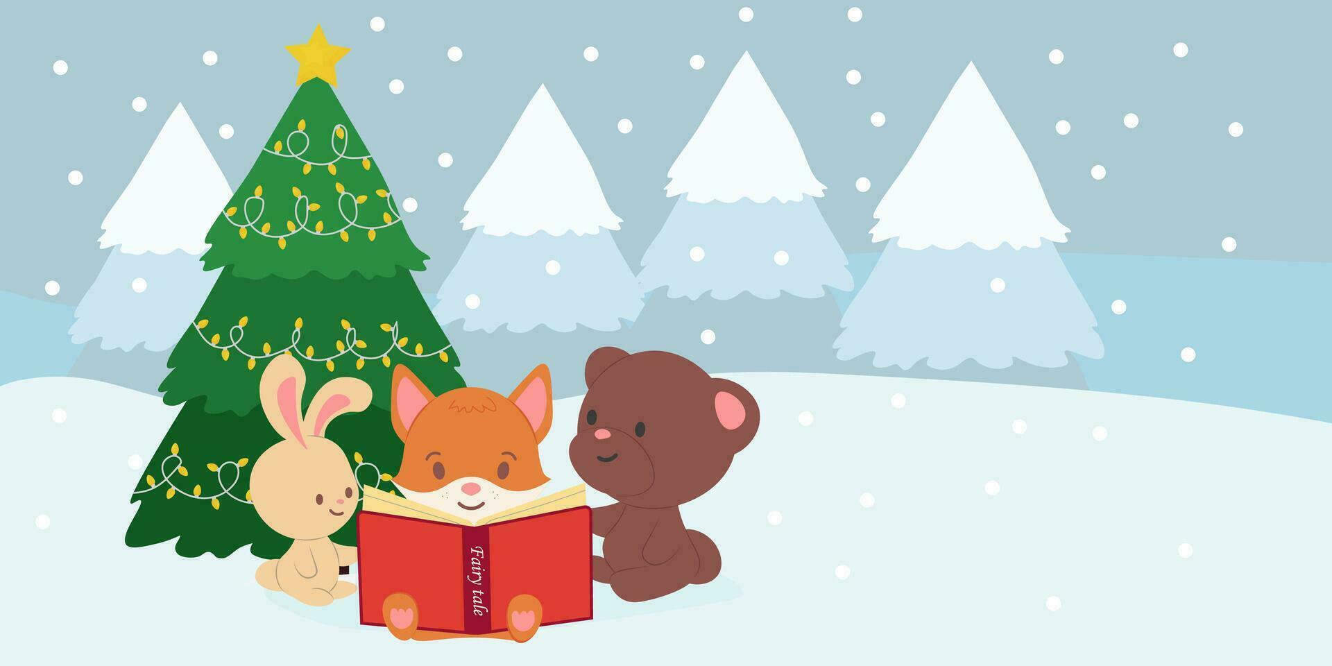 Forest animals read book about Christmas fairy tales. Vector illustration. cute Fox read book in the winter forest, bear and rabbit read fairy tales.