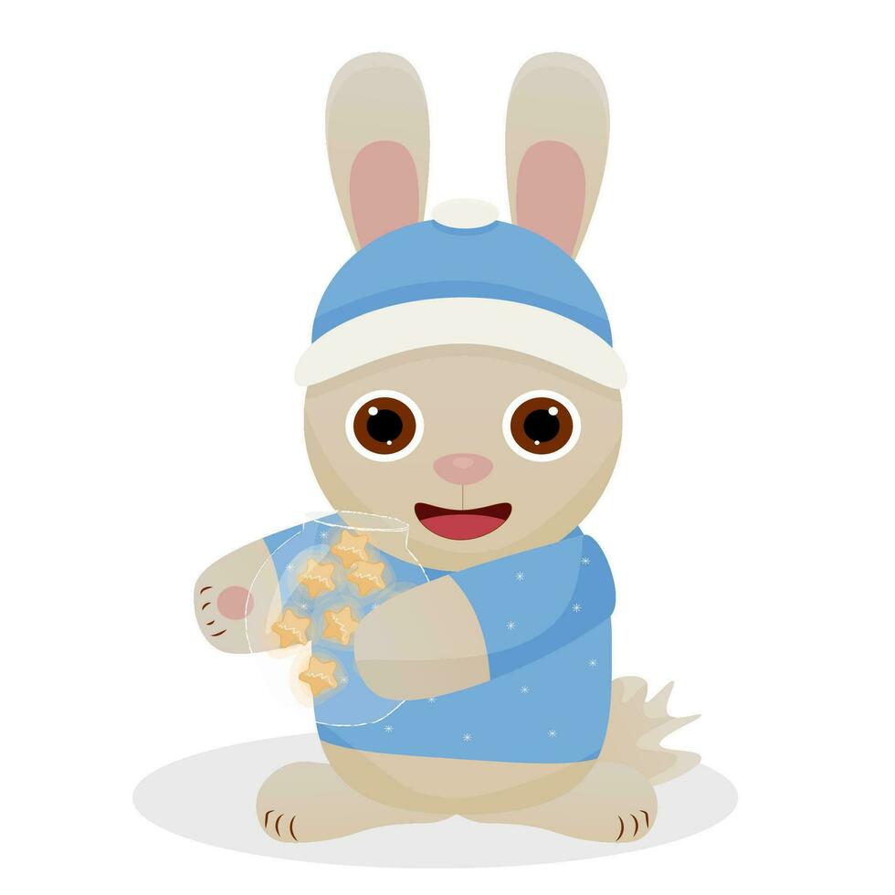 Vector cute New Year rabbit in a blue sweater with Christmas decorations. Merry Christmas.