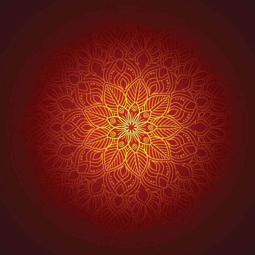 mandala dorado decorativo sobre fondo rojo vector