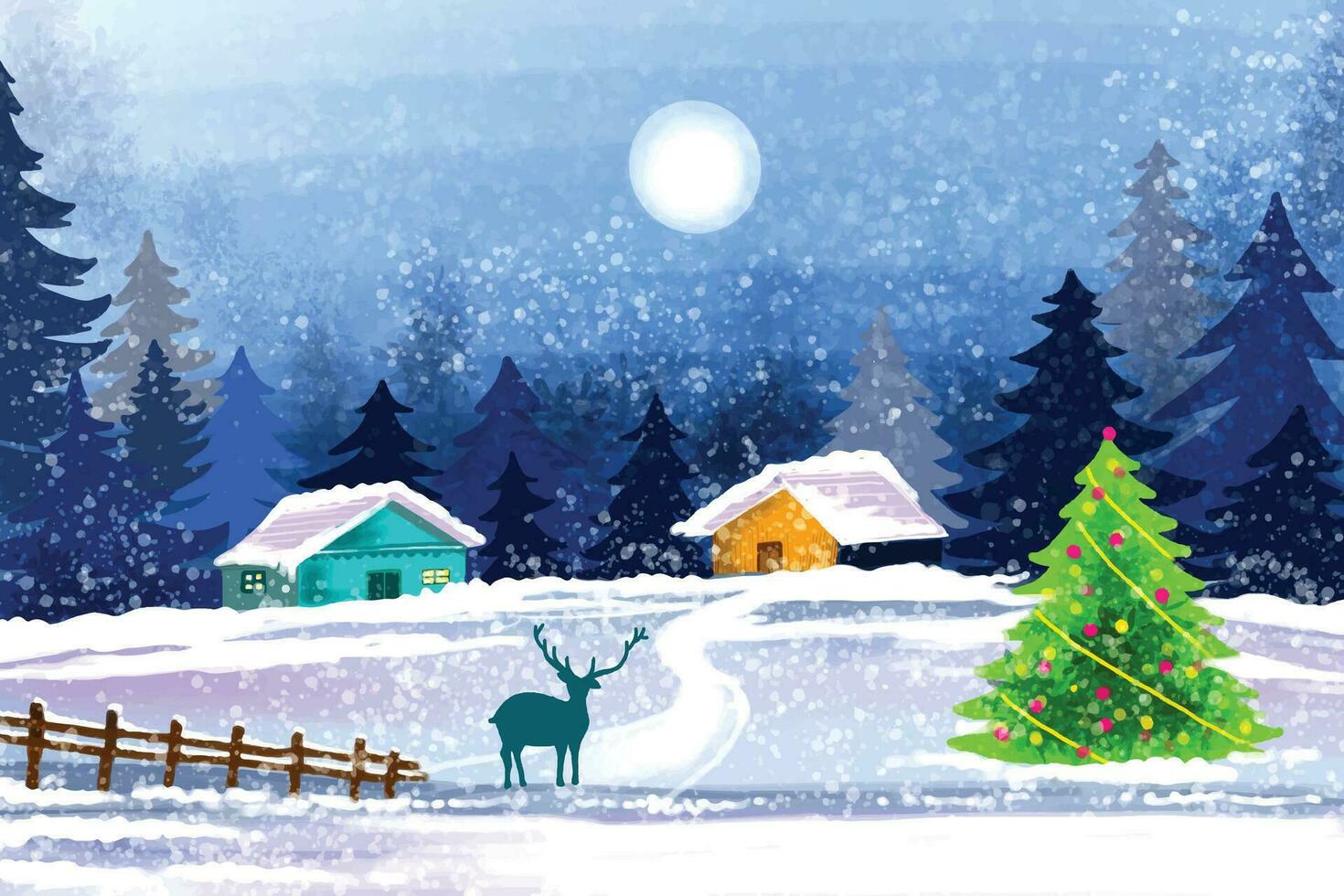 Winter landscape with snow-covered houses and christmas tree background vector