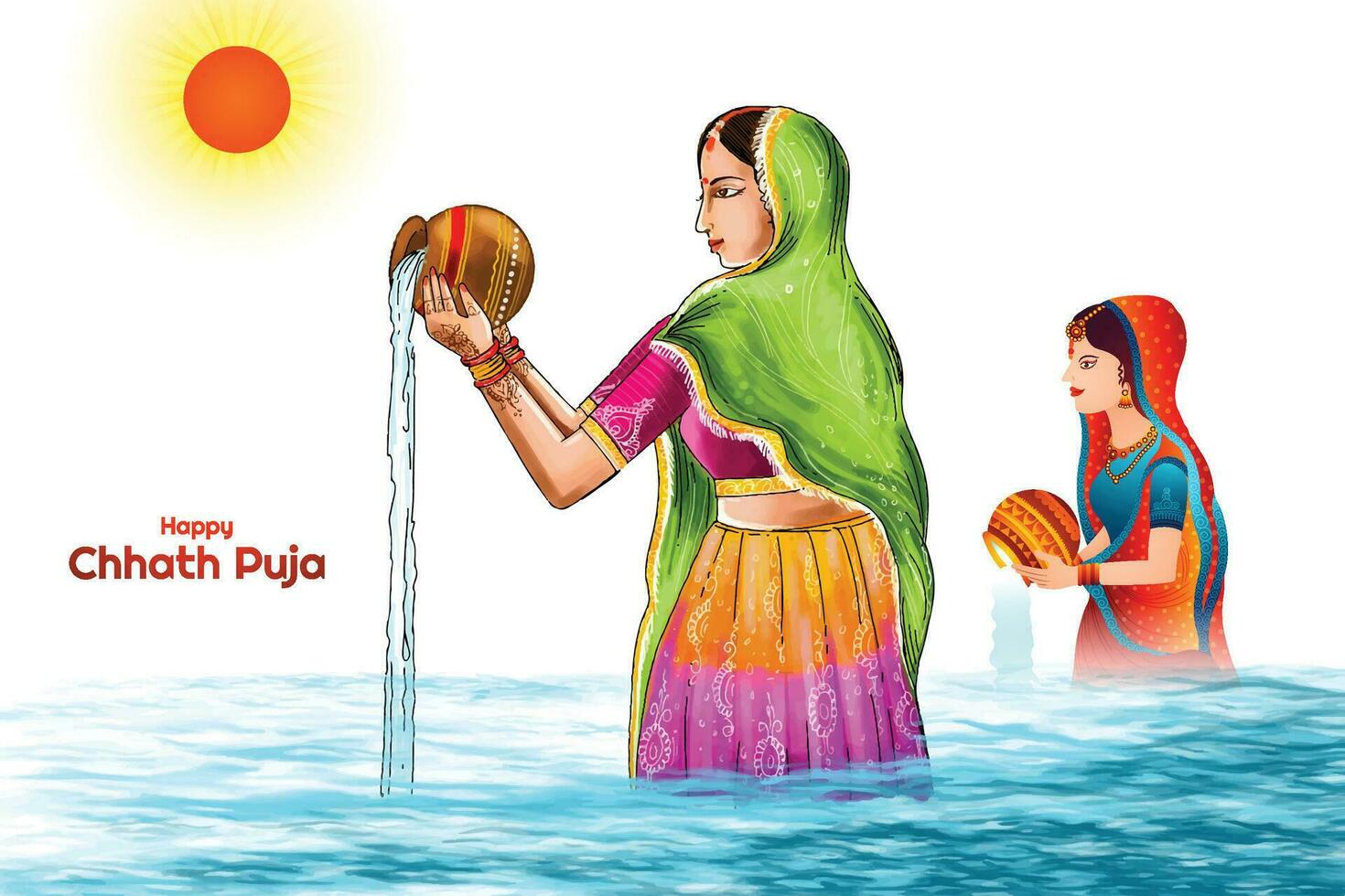 Indian women for happy chhath puja card background vector