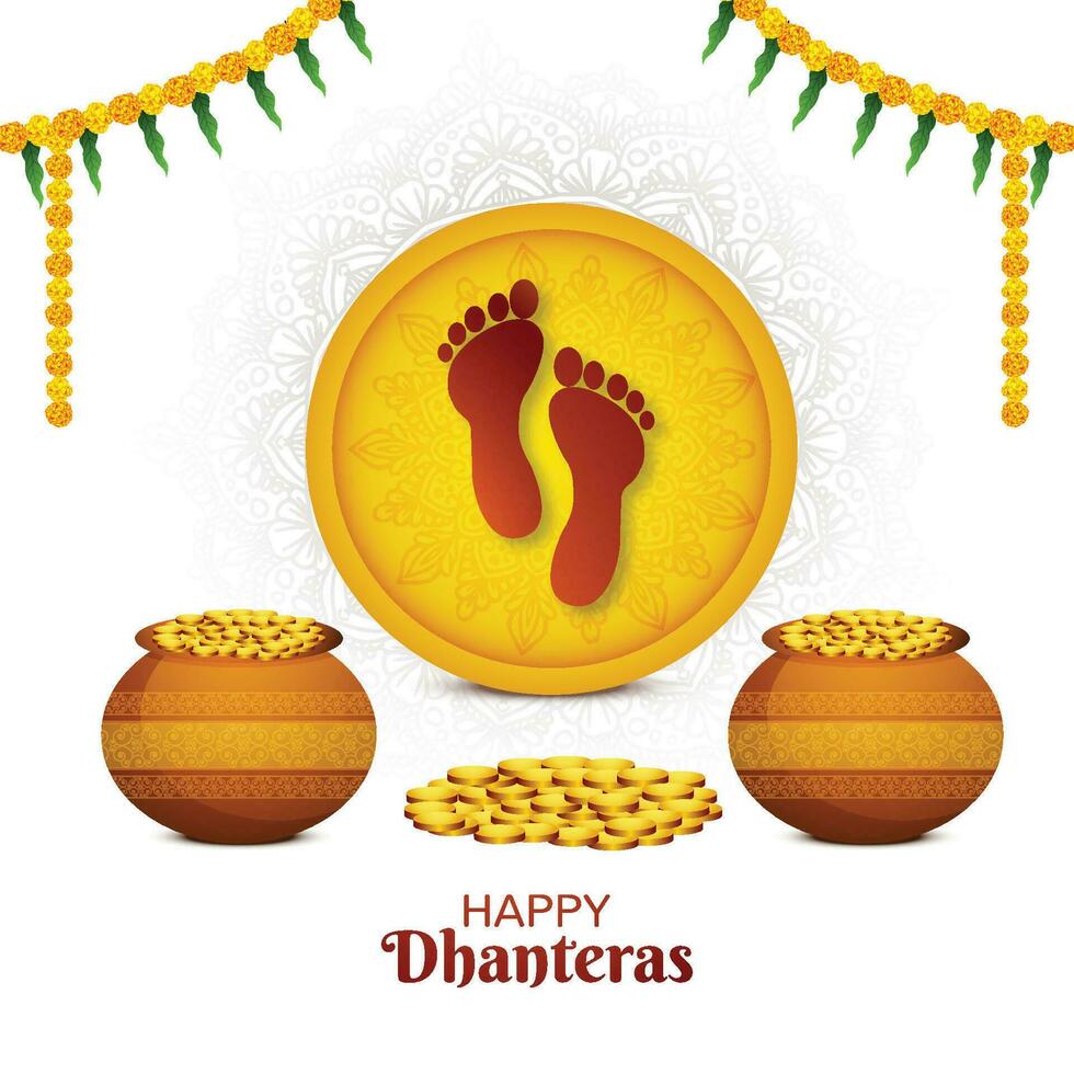 Happy dhanteras festival for goddess maa lakshmi charan or paduka card design vector