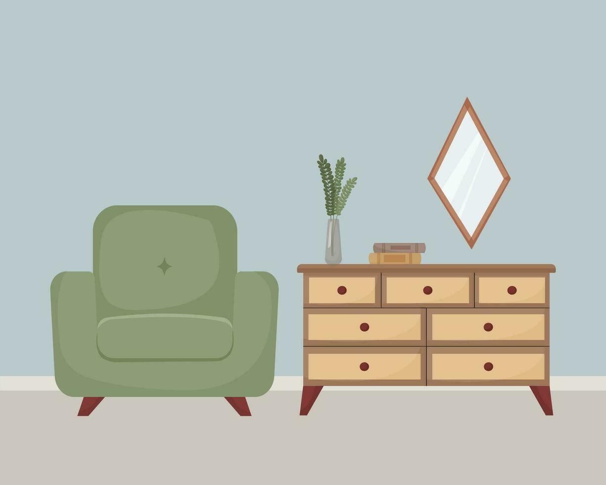 living room interior, furniture, design elements, modern home, sofa, plant, books, mirror, cozy, vector flat style illustration