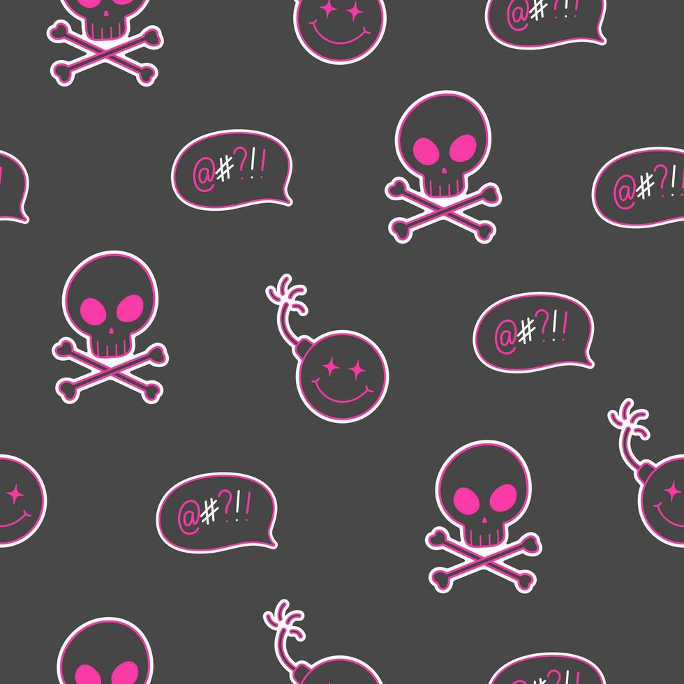 seamless pattern skull with bones, bomb, dialogue, 2000s emo style, y2k aesthetic, vector pattern for textiles, t-shirts, packaging and more