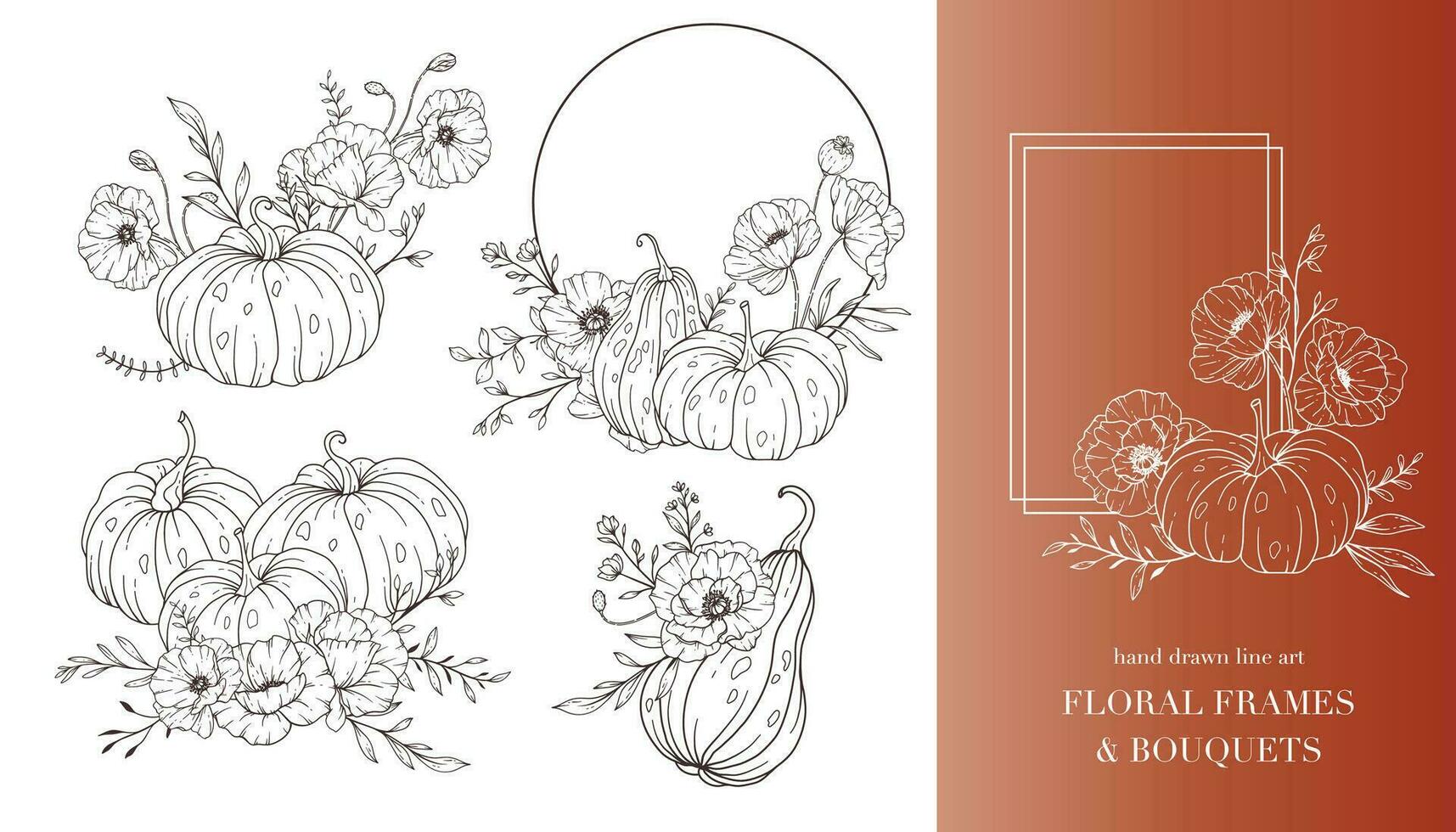 Pumpkins with Wildflowers Line Art Illustration, Outline Pumpkin arrangement Hand Drawn Illustration. Coloring Page with Pumpkins.  Thanksgiving Pumpkins Frame. Thanksgiving Pumpkins set vector