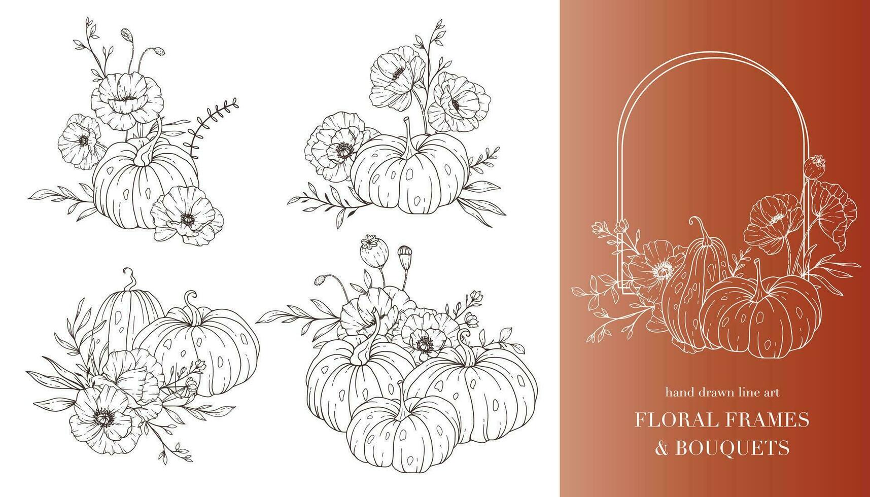 Pumpkins with Wildflowers Line Art Illustration, Outline Pumpkin arrangement Hand Drawn Illustration. Coloring Page with Pumpkins.  Thanksgiving Pumpkins Frame. Thanksgiving Pumpkins set vector