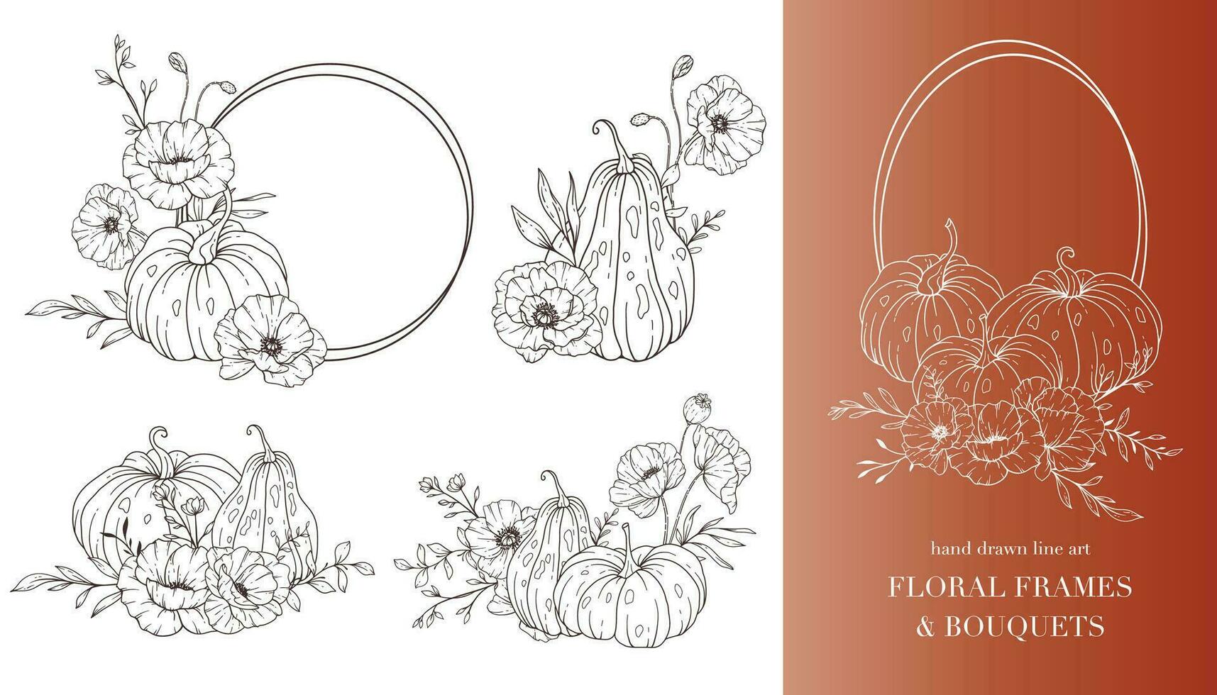 Pumpkins with Wildflowers Line Art Illustration, Outline Pumpkin arrangement Hand Drawn Illustration. Coloring Page with Pumpkins.  Thanksgiving Pumpkins Frame. Thanksgiving Pumpkins set vector