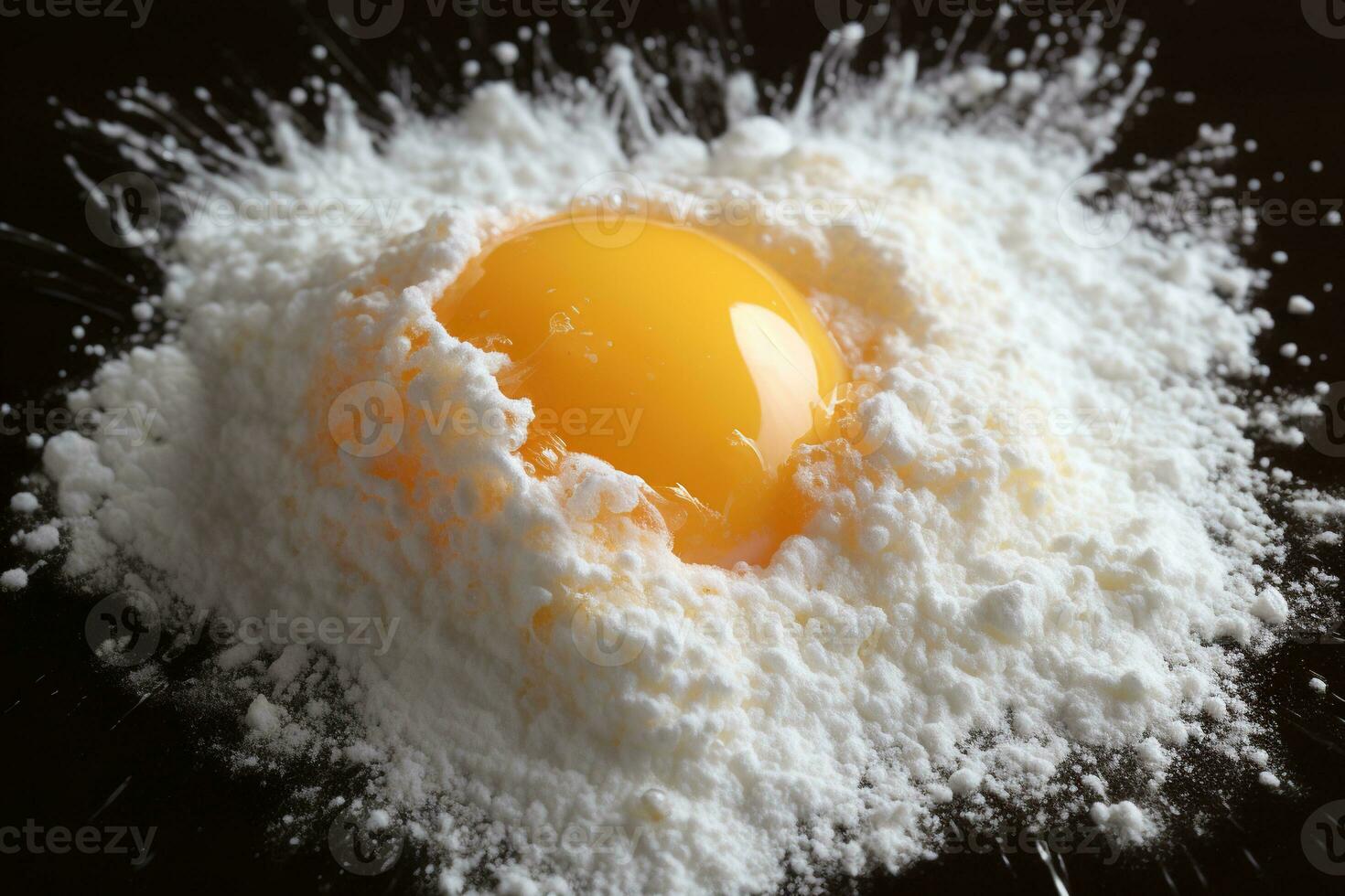 Egg yolk in a pile of flour on a black background close-up. Generated by artificial intelligence photo