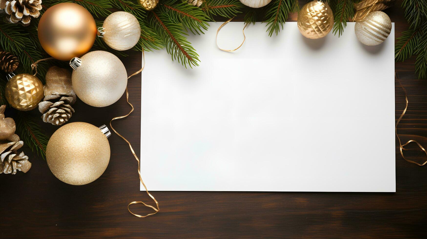 Festive Blank Christmas Card Encircled by Golden and Silver Ornaments photo