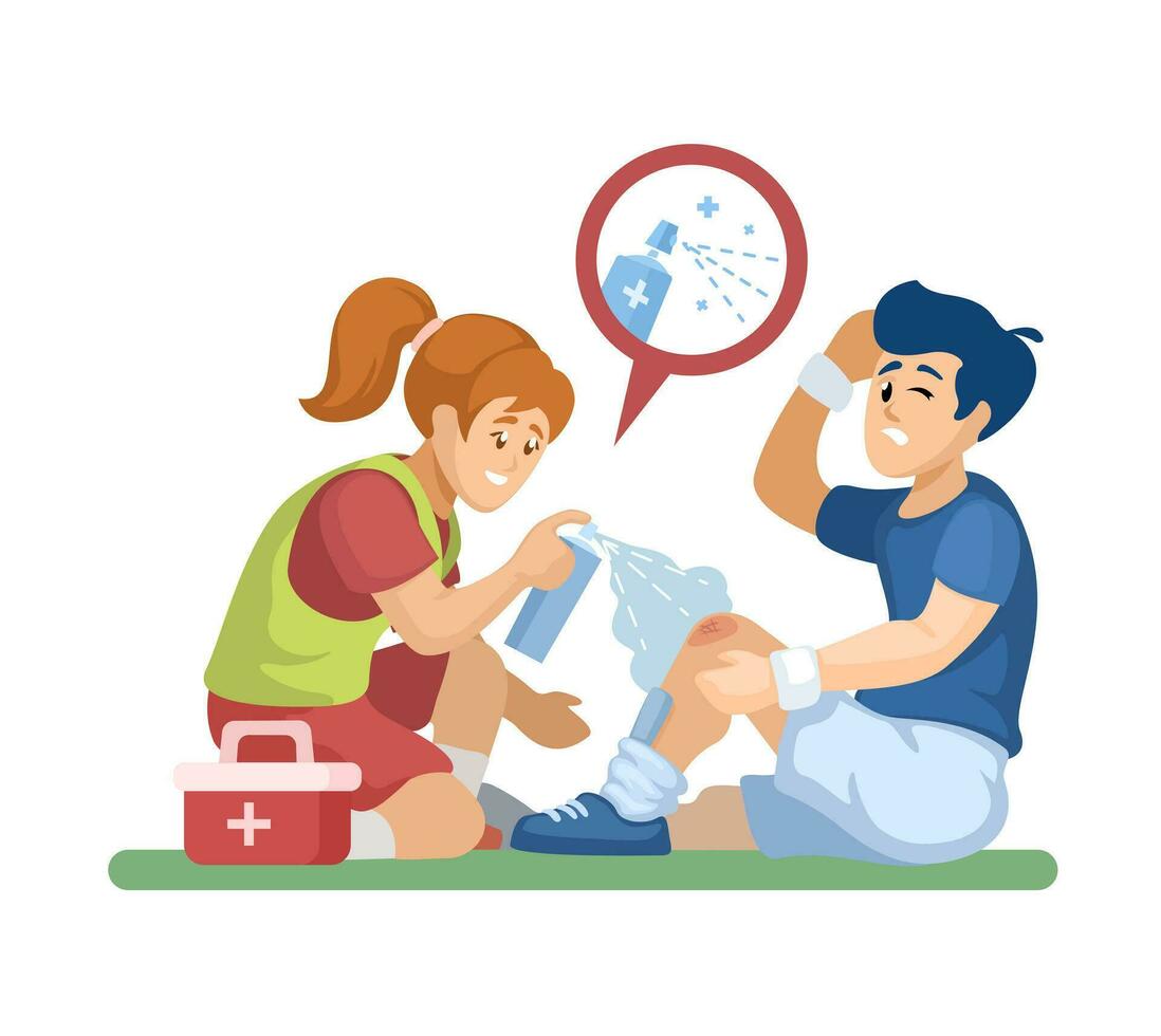 Medical Staff Use Spray For Injury Soccer Player Sport Activity Cartoon illustration Vector