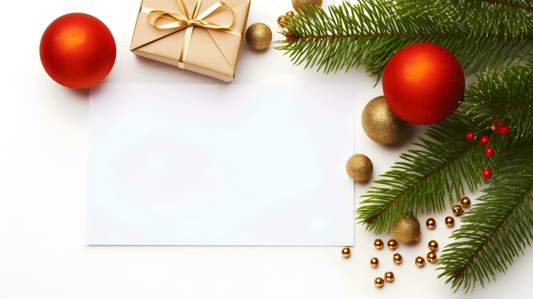 Red and Gold Christmas Ornaments with Pine Branches on a White Background photo