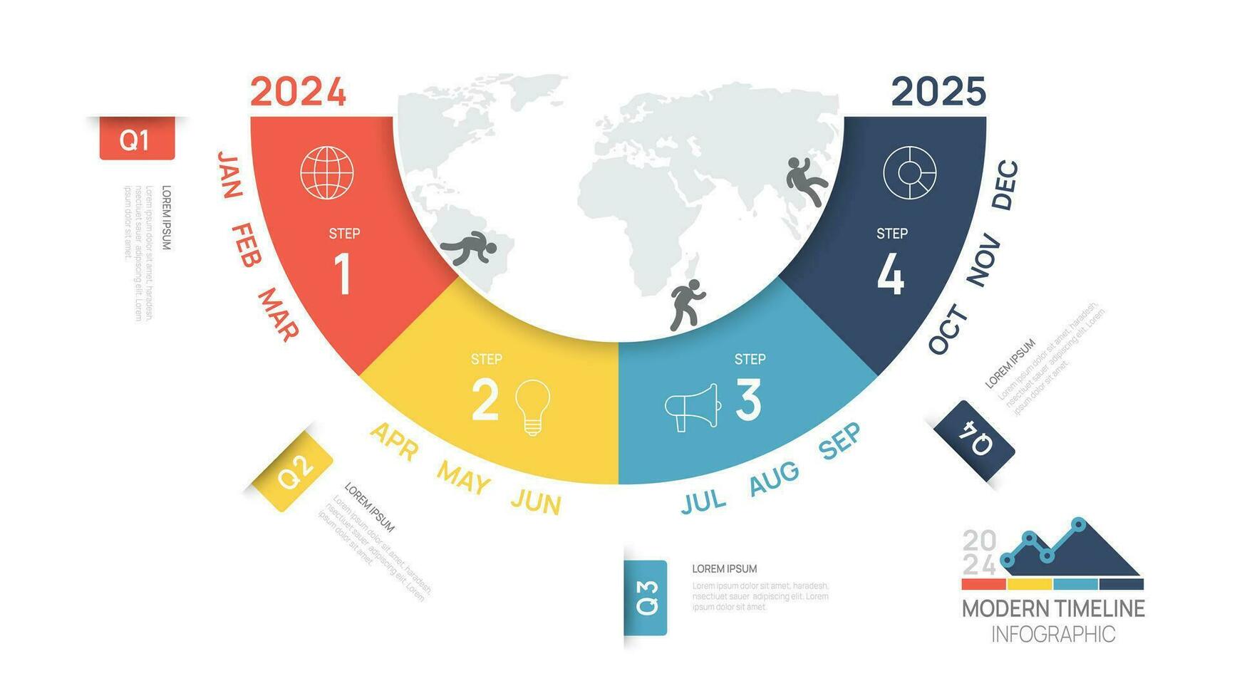 World Business 2024 step timeline infographic template. Modern milestone element diagram calendar and 4 quarter topics, vector infographics.