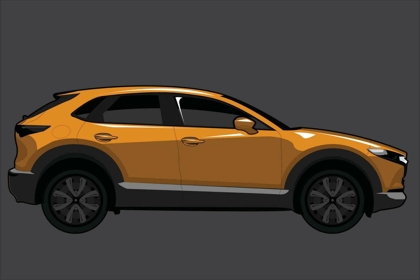 Realistic middle class SUV elegant yellow color, yellow car sports SUV side view 3d vector template isolated gray background