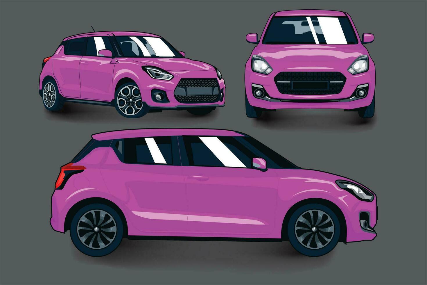 Realistic vector pink car with gradients and perspective from front back and side view. young people's car