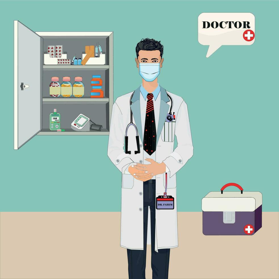 Handsome doctor with first aid box vector art