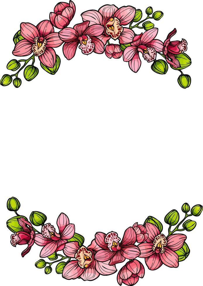 Wreath , round floral frame of pink orchid flowers, hand drawn sketch, invitation card, wedding design vector