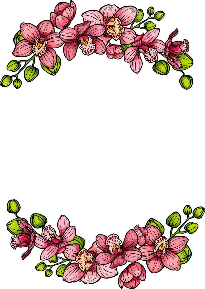 guirnalda , redondo floral marco de rosado orquídea flores, mano dibujado bosquejo, invitación tarjeta, Boda diseño vector