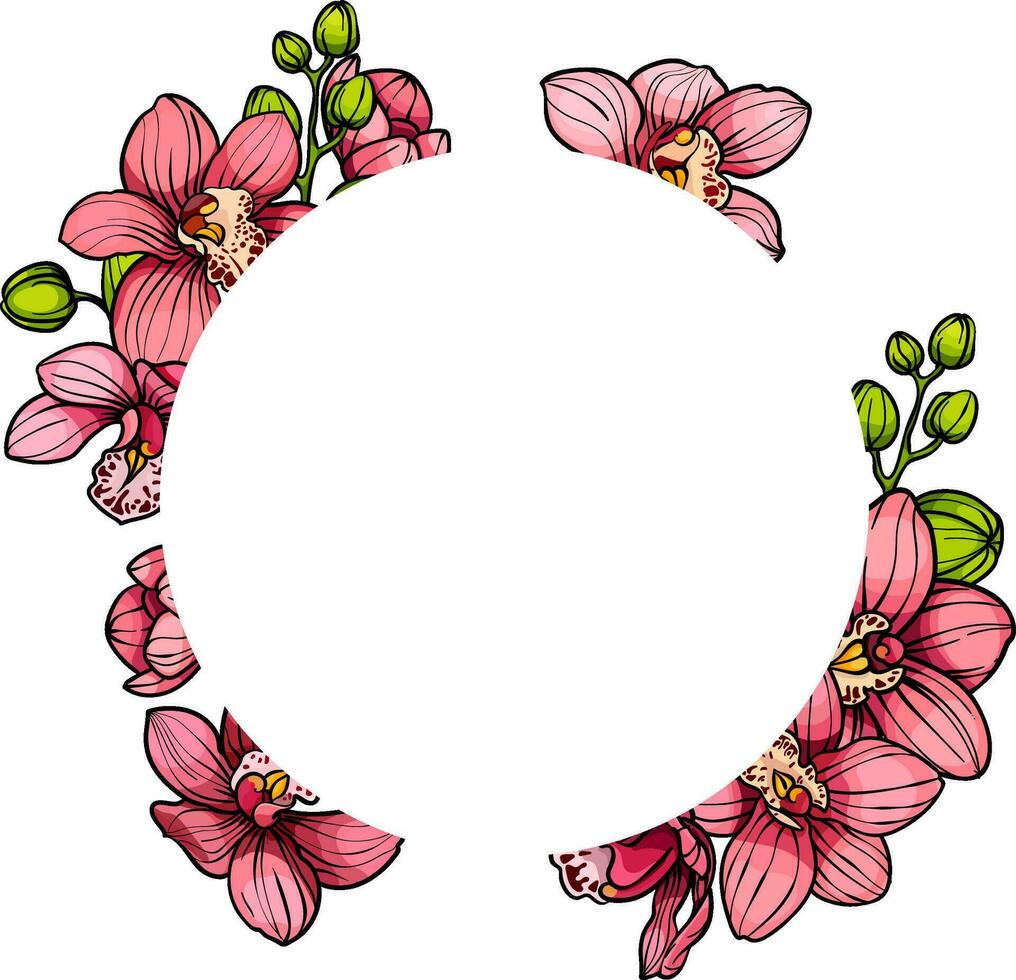 guirnalda , redondo floral marco de rosado orquídea flores, mano dibujado bosquejo, invitación tarjeta, Boda diseño vector