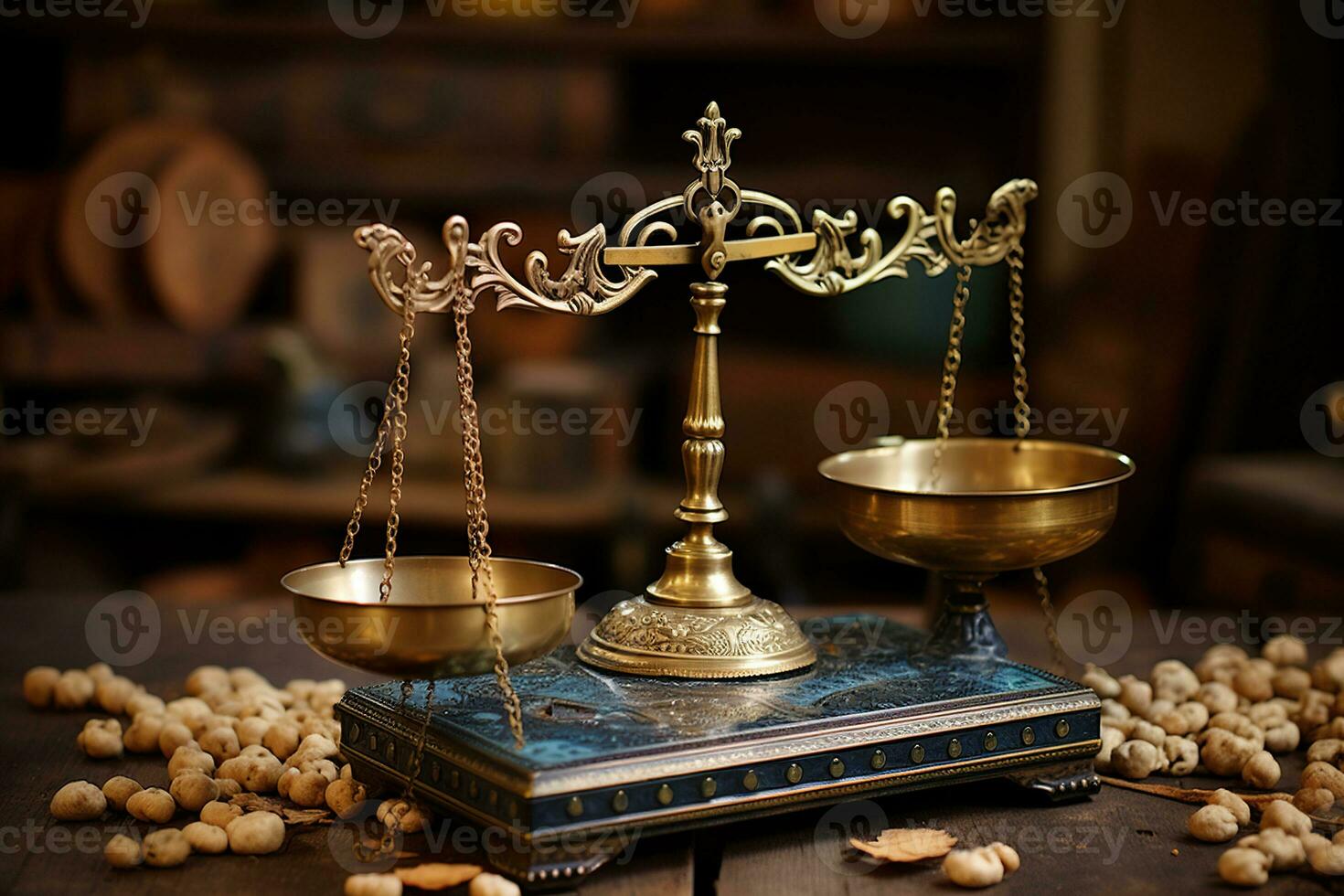 Golden scales of justice on a wooden table with a blurred background. Generated by artificial intelligence photo