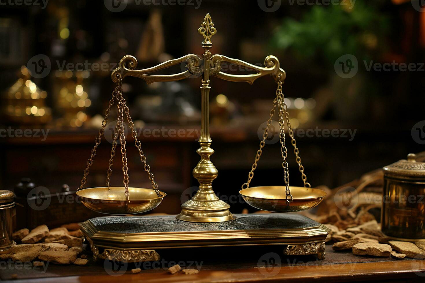 Golden scales of justice on a wooden table with a blurred background. Generated by artificial intelligence photo