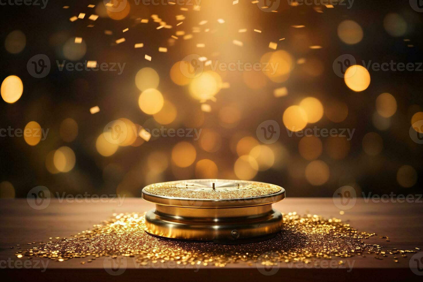 Golden bokeh background for presentation of luxury products. Generated by artificial intelligence photo