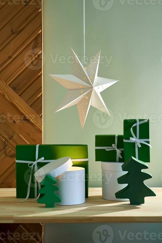 Christmas interior with different gifts. photo