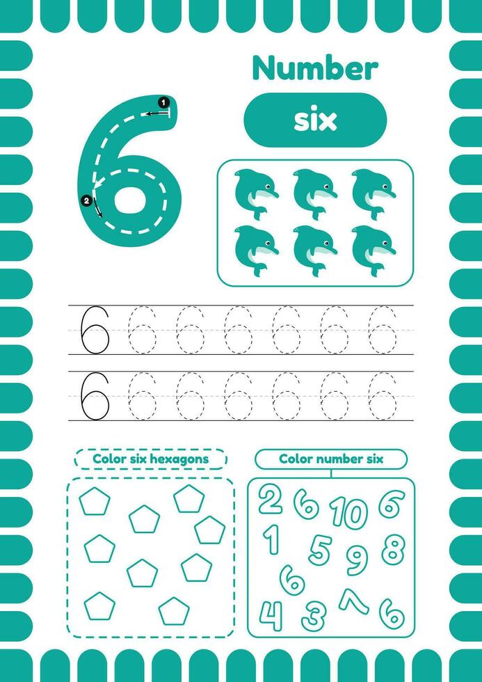 Learn number six. Activity page for preschool kids education. Color hexagons. Handwriting practice . Tracing page vector