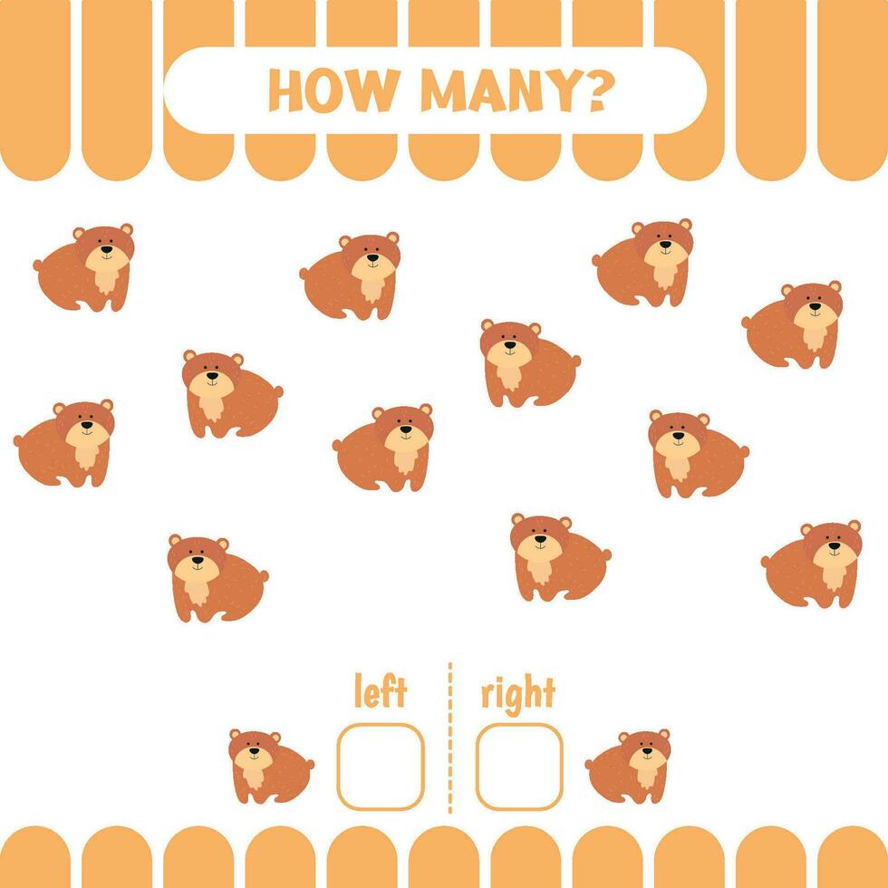 Worksheet for kids to learn left and right. Count game. How many bears go to the left and to the right. Counting game for kids vector