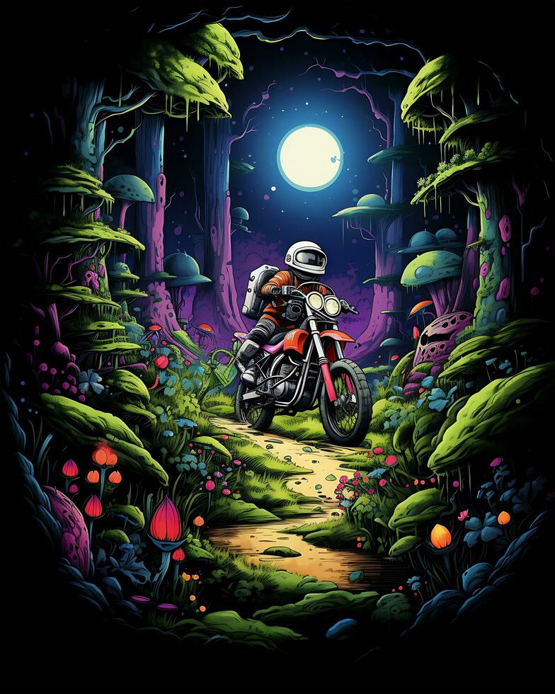 A view of a man riding a motorbike and some colorful trees behind photo