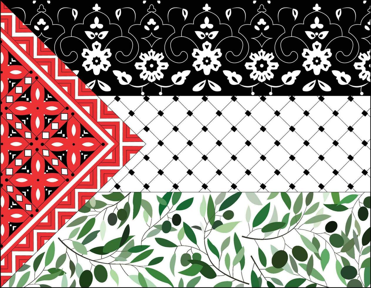 PALESTINE flag from ornaments and olives and Palestinian scarf which called in arabic kufiya, olive tree with olives, suitable for social media meda and t shirt prints, good for posters and banners vector