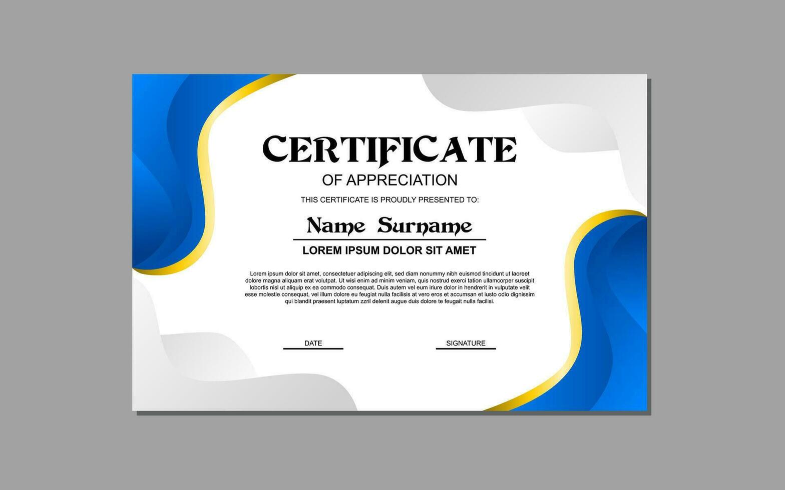 certificate template in blue and gold colors for business and education appreciation abstract style vector